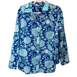 TALBOTS Size L Cotton Button Shirt Floral Print Blue Turquoise Lightweight